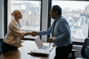 two successful business people shaking hands